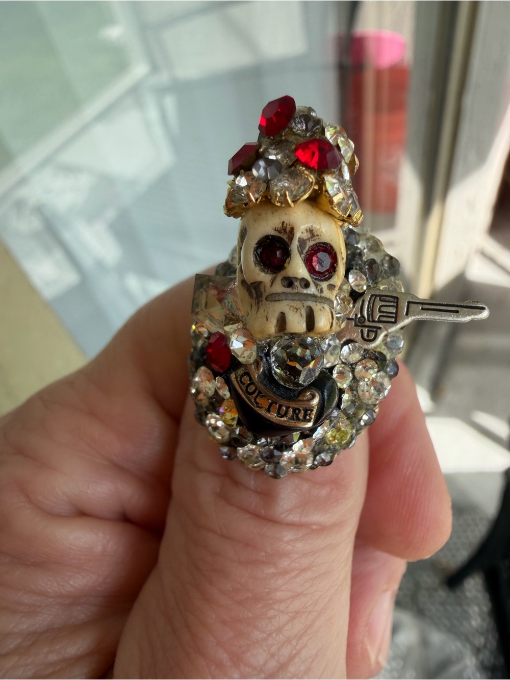 Handmade Red and Clear Crystal Skull Ring